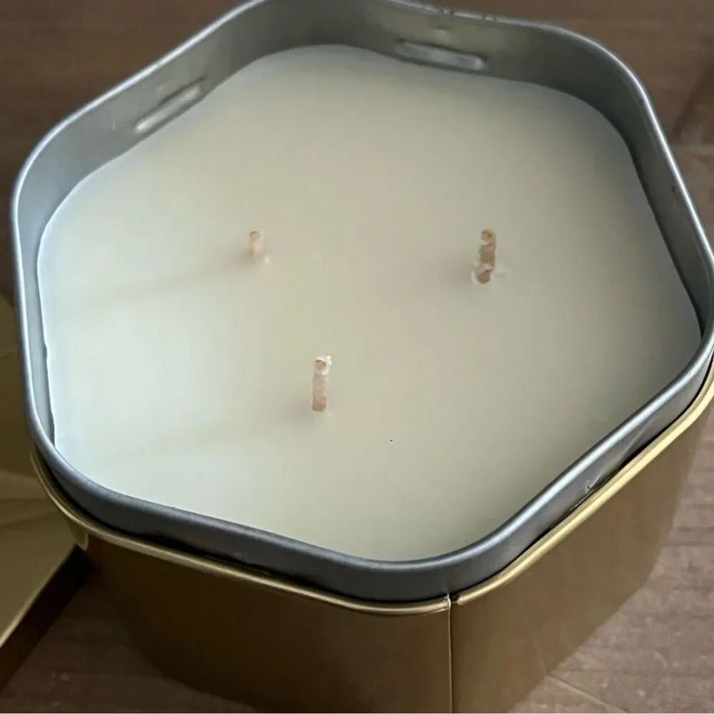 NEW Fireside Glow 3 Wick Lidded Metal Tin Candle 18oz Gold Threshold Target